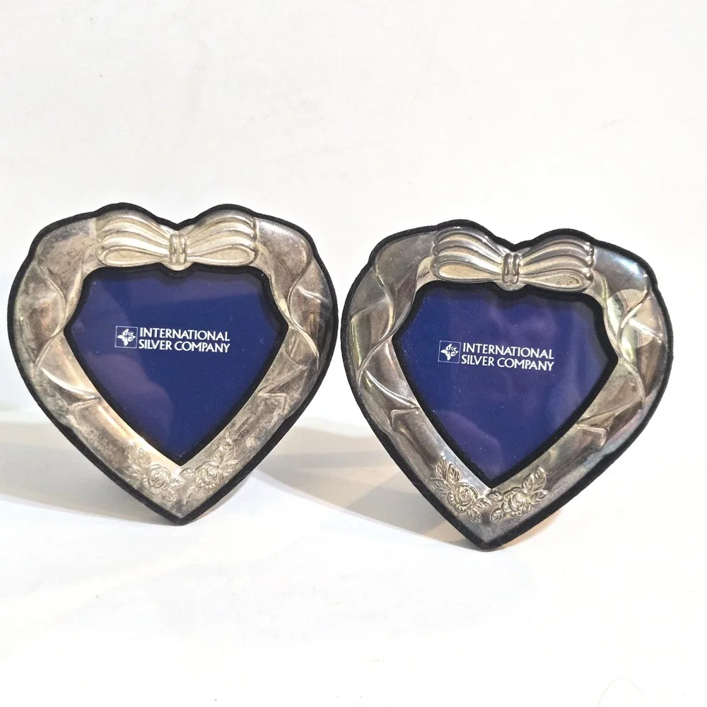 International Silver Plate Heart Picture Frame 4x4 Bow Rose Set 2 free standing